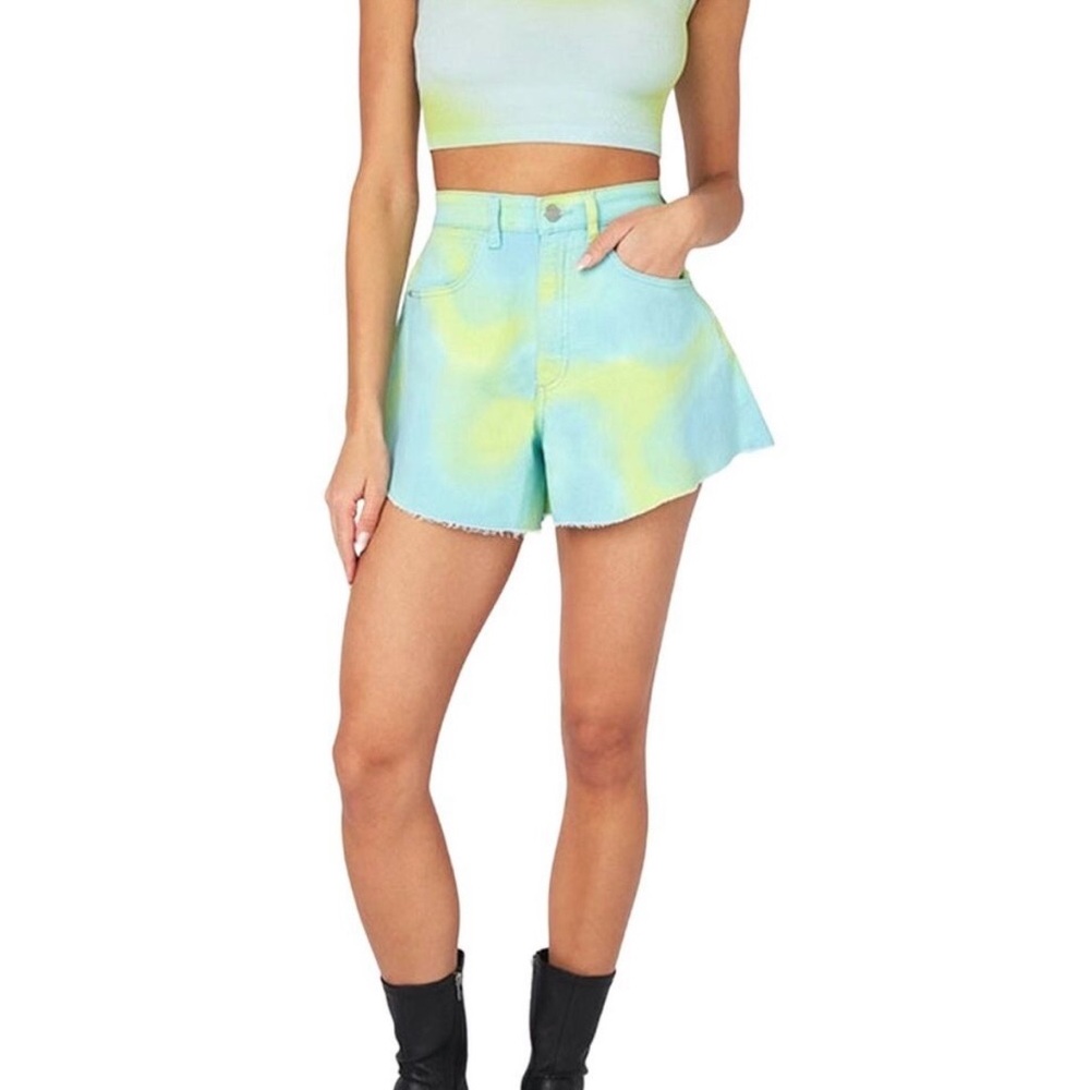 WEWOREWHAT Flare Bell Shorts 26 Stretch Denim Tie Dye Blue High Rise Cutoffs